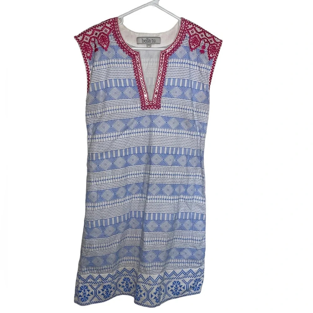 Bella Tu Embellished Embroidered Boho Dress Size XS Blue White Pink Preppy